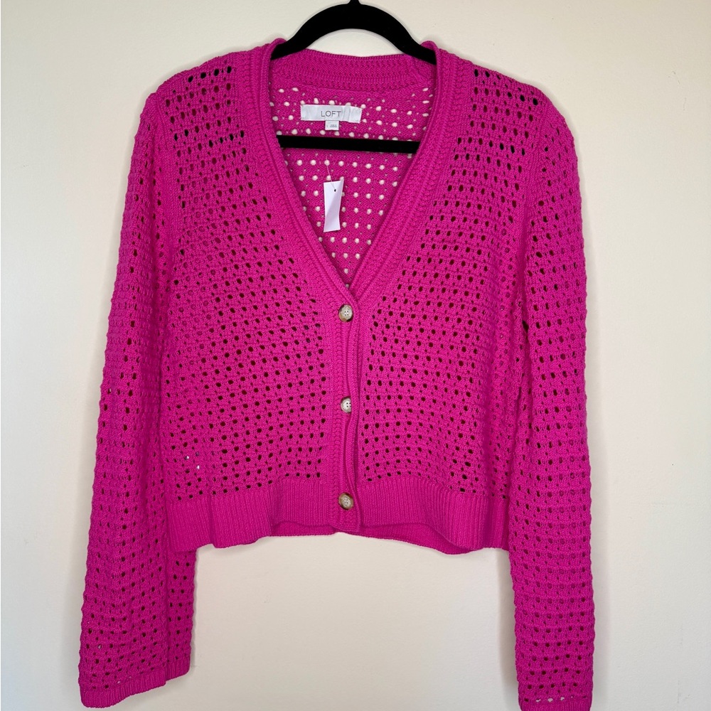 LOFT Pink Open-Knit V-Neck Button Cardigan Sweater